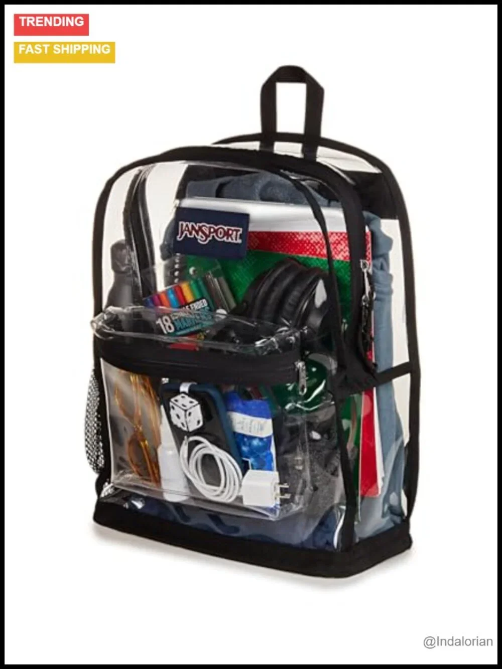 Clear Backpack, 25.5L, Large Main Compartment, Water Bottle Pocket, Front Zip